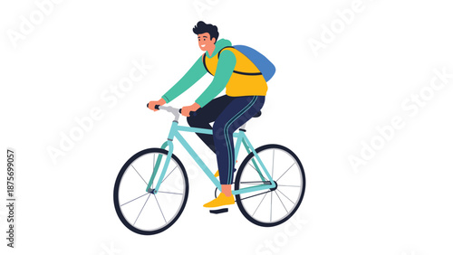 Energetic young man with a backpack riding a bicycle outdoors as a sustainable mode of urban transportation or exercise.