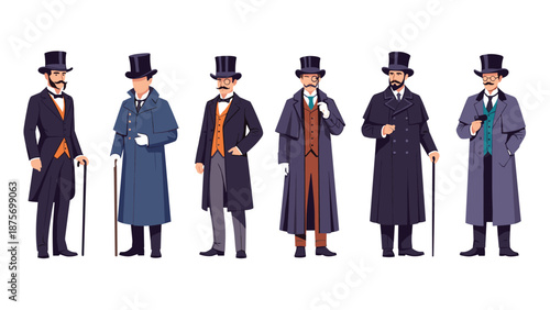Group of six men dressed in formal Victorian era fashion including top hats, long coats, and walking canes on white background.