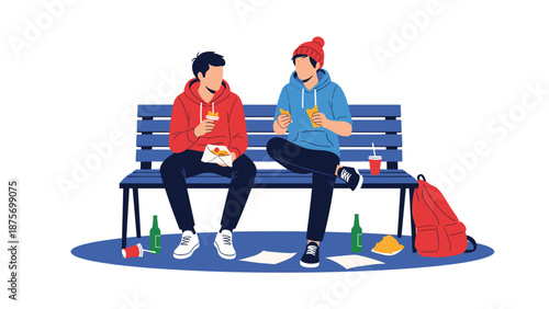 Two young men sitting together on a blue park bench while eating burgers and fast food in a casual outdoor setting.