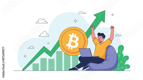 Excited man sitting with a laptop celebrating the rising price of bitcoin shown as a green arrow and a large gold coin.