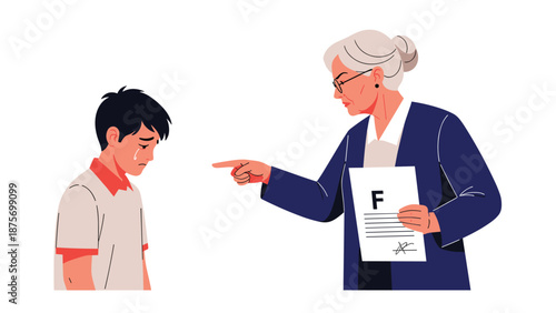Strict older woman pointing her finger at a crying young boy while holding a school test paper with a failing grade mark.