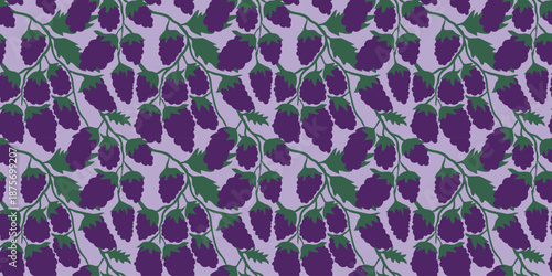 Vibrant purple grapes seamless  pattern on light purple background with green leaves