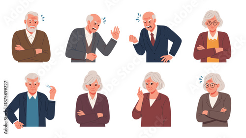 Collection of diverse elderly men and women showing various emotions like anger, frustration, and disapproval.