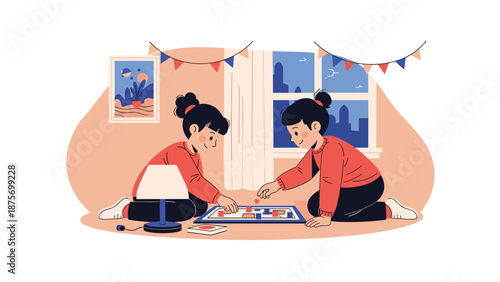 Two young girls sitting on the floor in a cozy room playing a colorful board game together during the evening.