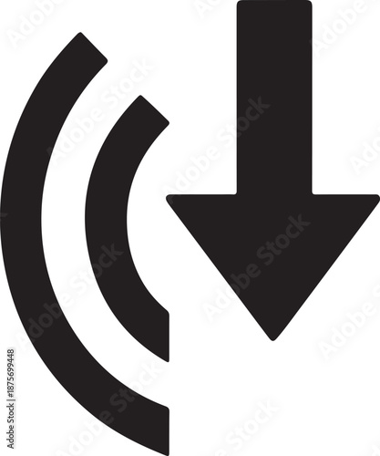 Geometric download icon blending antenna signal waves with minimal arrow form vector design.