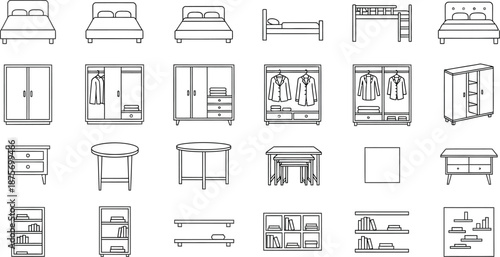 Collection of black and white line art icons representing various essential household furniture pieces suitable for interior design planning or catalog visualization in a modern context