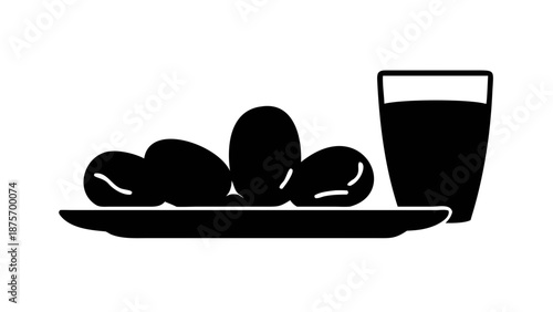 Vector silhouette of a bowl of dates and a traditional glass of water on a tray, Iftar concept, solid black shapes, isolated on white background.