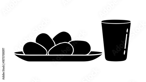 Vector silhouette of a bowl of dates and a traditional glass of water on a tray, Iftar concept, solid black shapes, isolated on white background.