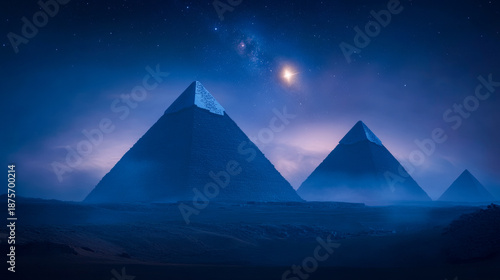 Cinematic scene of the Giza Plateau at night, with the pyramids silhouetted against the Orion’s Belt that shines above