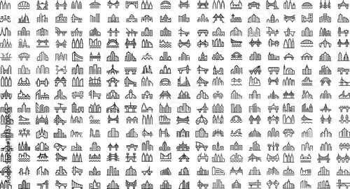 Collection of various city skylines and landmarks in simple line art style on white background