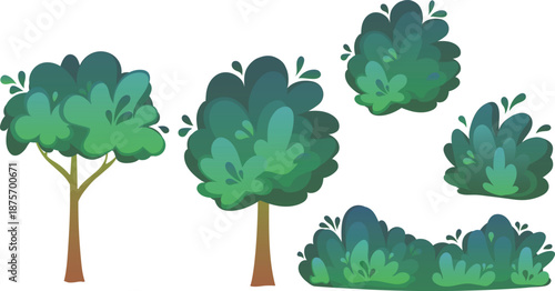Set of cartoon trees and green bushes vector illustration