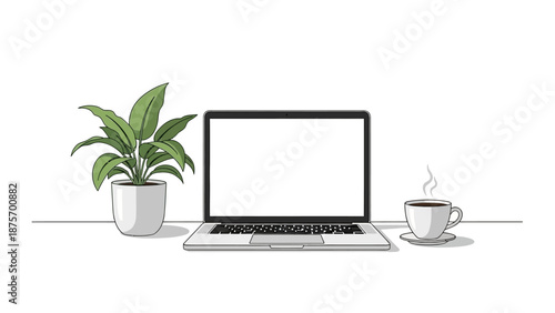Laptop Computer with Coffee and Plant.