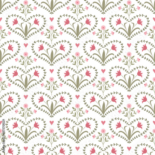 Seamless romantic folk pattern with floral hearts and branches