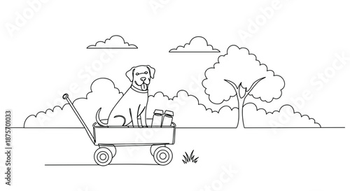 Line drawing of a dog sitting in a wagon with a scenic background of trees and clouds on a transparent background
