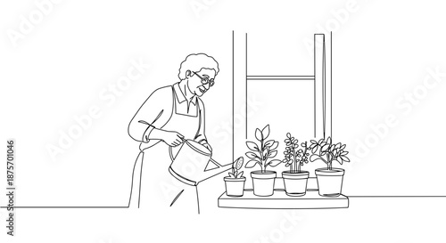 Line drawing of a person gardening indoors, planting flowers on a table, in a bright room with a large window on a transparent background