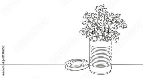 Line drawing of a potted herb in a tin can with an open lid on a flat surface isolated on a transparent background