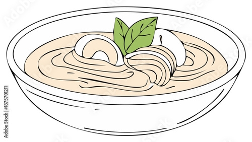 Illustration of creamy cashew dish in a bowl topped with fresh green leaves