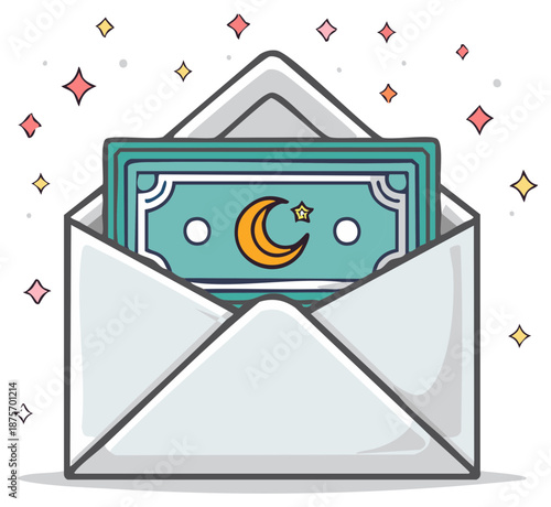 Cute cartoon illustration of an Islamic money gift in an envelope for Eid celebration or charity donation