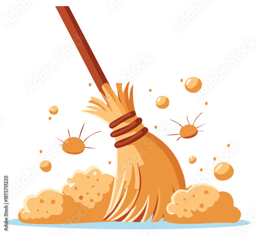 Cartoon broom sweeping away dust and harmful germs illustration