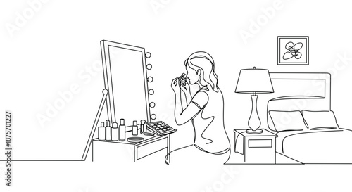 Line drawing of a woman applying makeup in front of a vanity mirror with a lamp in her bedroom on a transparent background