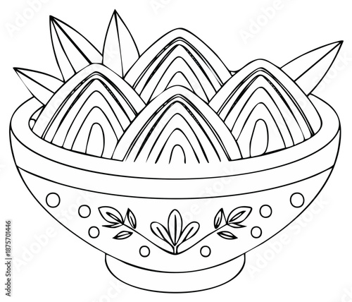 Bowl of Zongzi Dumplings Black and White Outlines Asian Cuisine Ready for Coloring