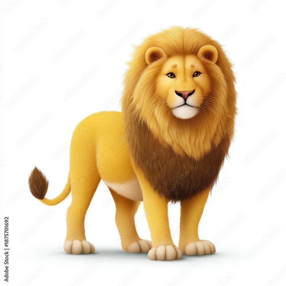 Obraz premium Cute cartoon lion with golden mane standing proudly in a whimsical landscape bright and cheerful environment