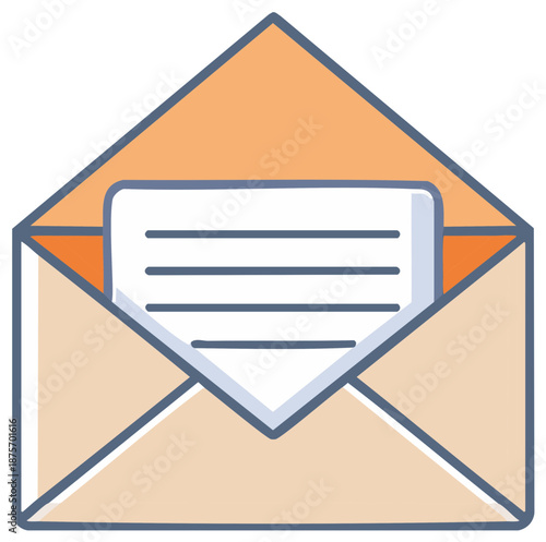 Simple icon of an open mail envelope with a letter for a message or notification