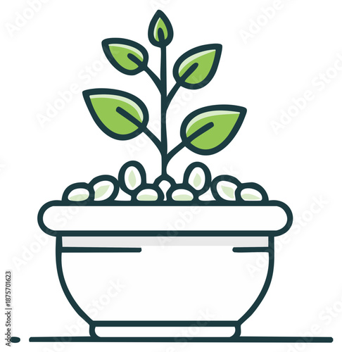 Green sprout with leaves growing from soil in a simple pot illustration