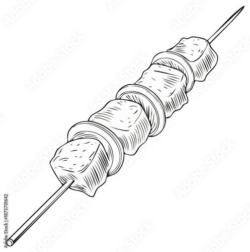 Illustration: Skewer featuring meat cubes and onion rings, prepared street food