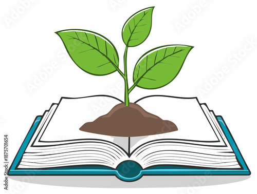 Green sapling growing from an open book symbolizing knowledge learning and personal development