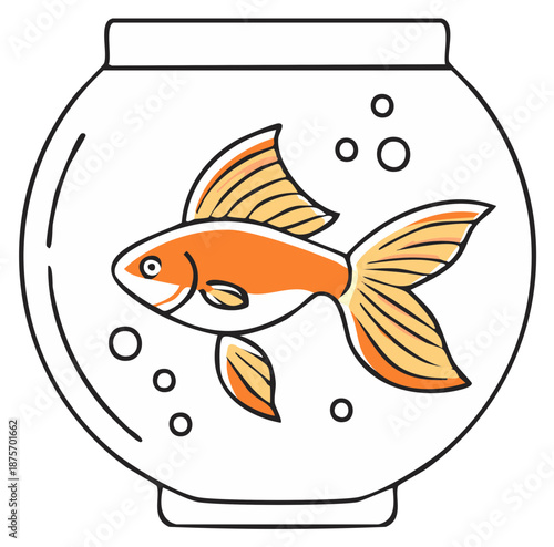 Captivating Goldfish Swimming Gracefully Inside a Round Fishbowl Illustration with Bubbles Adding an Artistic Touch