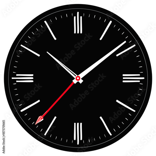 Black analog clock face with white hands and red second hand indicating time.
