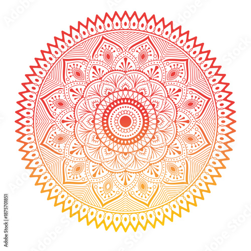Colorful Ornamental Mandala Circle with Floral Line Art and Radial Symmetry