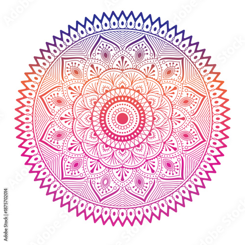 Colorful Ornamental Mandala Circle with Floral Line Art and Radial Symmetry