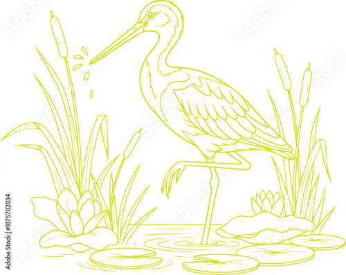 Graceful heron among water lilies Vector, illustration