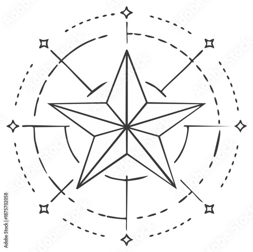Monochrome five point star in the middle of a circle with dotted lines vector