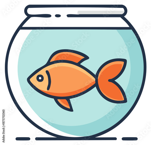 Cute orange goldfish swimming happily inside a round glass fishbowl with clear blue water simple vector illustration