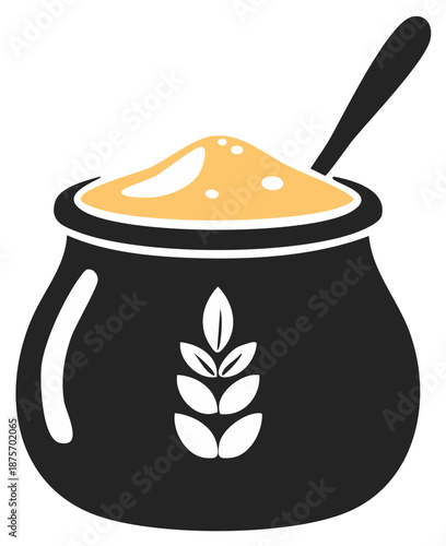 Black pot filled with yellow grain or flour with a spoon and wheat stalk symbol