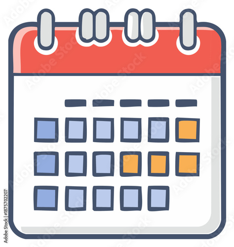 Calendar graphic highlights important dates, appointment schedule and planner page design with red and blue doodle elements