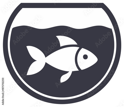 White fish in a fishbowl, minimalist icon on dark background