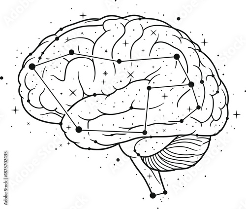 Black and white brain with static glitch lines icon, mental overload concept, rare conceptual vector illustration, outline only, white background 
