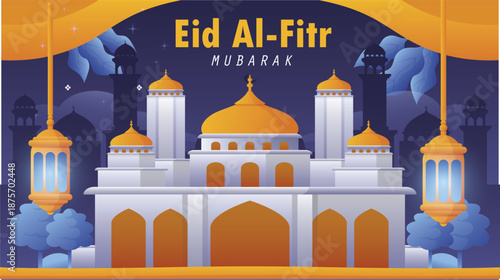 Eid Mubarak greeting card image with Islamic festival design, crescent moon and Islamic decoration.Eid Mubarak greeting card image with Islamic festival design, crescent moon and Islamic decoration.