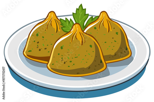 Three savory pastries with herbs on a blue rimmed plate with parsley garnish
