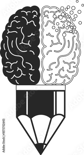 Black and white erasing pencil shaped as brain icon, memory fading concept, uncommon metaphor vector, flat outline style, white background 