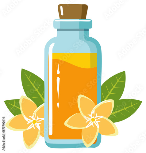 Essential oil bottle with flowers and leaves, flat design illustration