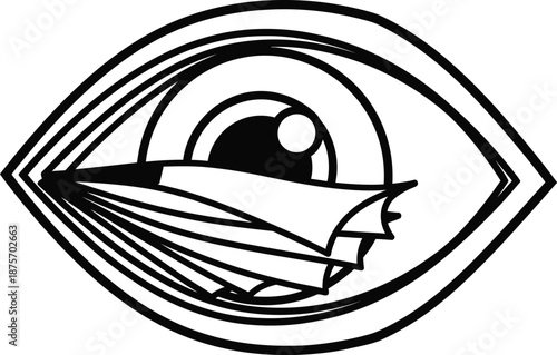 Black and white eye with stacked paper layers icon, hidden truth concept, abstract vector design, clean geometric outline, white background 