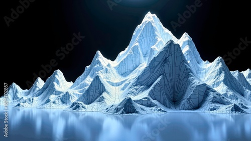 The peaks of the ice capped mountains reflect the mirror image of the water surface