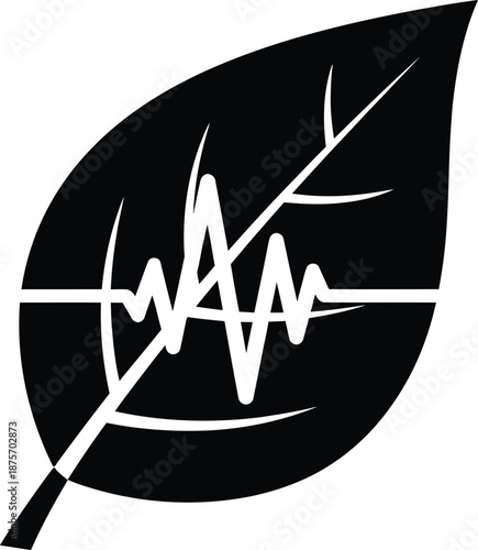 Black and white leaf with soundwave cutout icon, silence and nature concept, ultra rare conceptual vector illustration, solid black outline only, pure white background, minimalist flat design