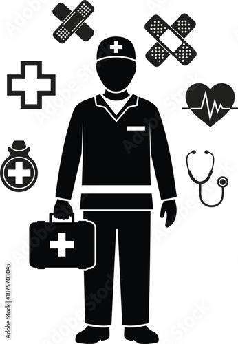 Emergency medical technician silhouette holding first aid kit surrounded by heartbeat bandage and stethoscope healthcare icons vector,