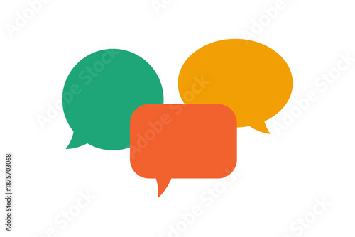 Colorful speech bubble icons in green, orange, and yellow representing group chat, conversation, and communication, ideal for messaging apps, UI, and social design.